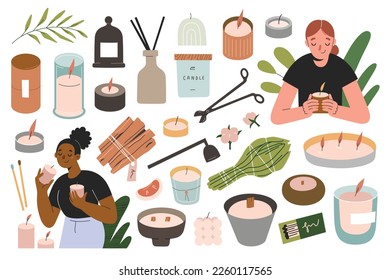 Women smelling scented candles, lighting candles in jars with matches, home aromatherapy for relaxation, stress relief, palo santo wood and sage. vector illustrations collection, cartoon characters