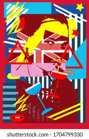 Women smiling face lips, British flag, woman - abstract pop art, colorful background