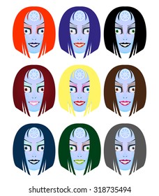 Women smiling faces. Woman faces. Set of the woman portraits. Profile woman faces. Set of the woman faces avatars. Beautiful woman faces. Woman cosmetics. Woman smiling. Woman portrait. Face.