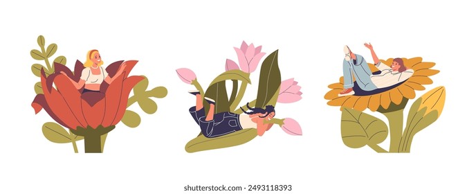 Women Smiling And Posing With Huge, Colorful Flowers. Vibrant Illustration Portrays Joy, Beauty And Nature