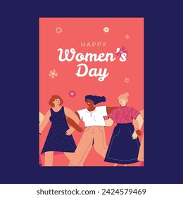 Women smiling and walking together with the inscription "Happy Women's Day" above it. Poster design, postcards for March 8th.