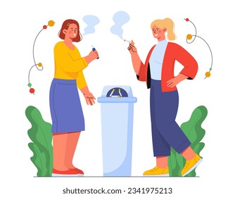 Women at smoke break concept. Young girls with cigarettes standing together near trashcan. Bad habbits and nicotine, tobacco addiction. Girls with unhealthy steam. Cartoon flat vector illustration