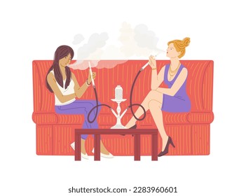 Women smoking hookah sitting on red sofa flat style, vector illustration isolated on white background. Enjoying characters, resting and relaxing, bad habit and addiction