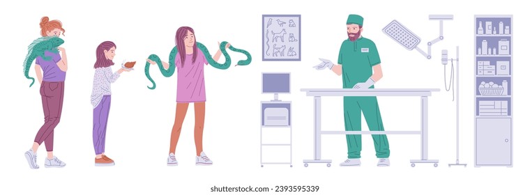 Women with snail, guana and big snake in the veterinarian clinic at consultation. Serpent, lizard and cochlea with owners. Vector illustration of exotic pet reptile animal care, prevention, treatment