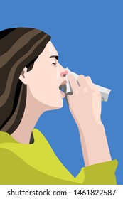 Women sneezes and holds in her hand a napkin vector illustration on the blue background