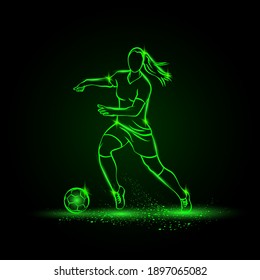 Women soccer player dribbling with ball. Vector Football sport green neon illustration.