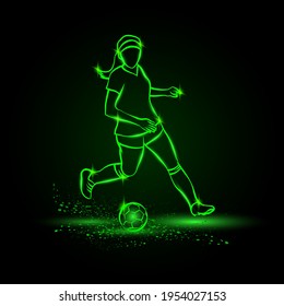 Women soccer player running with ball. Vector Football sport green neon illustration.