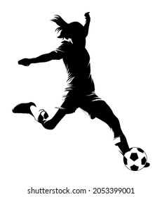 Women soccer player vector silhouettes on white background isolated. Silhouette of a woman kicking soccer ball, vector illustration