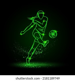 Women Soccer striker, front view. Football player hits the ball in the dark. Vector Soccer sport green neon illustration.