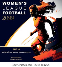 women soccer tournament, women's league football template, soccer tournament flyer design template. Vector illustration.