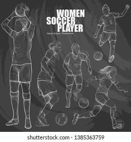 women soccer vector illustration. chalk drawing style.