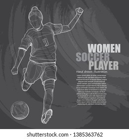 women soccer vector illustration. chalk drawing style.