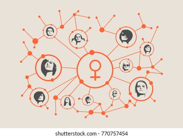 Women social media network. Growth background with lines, circles and integrate female avatars. Connected symbols for digital, interactive and global communication concept.