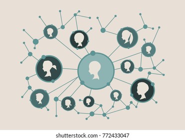 Women social media network. Growth background with lines, circles and integrate female avatars. Connected symbols for digital, interactive and global communication concept.