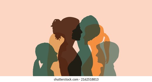 Women social network community. Monochrome side silhouette group multiethnic diversity women and girl who talk. Communication and sharing female friendship and of diverse culture.