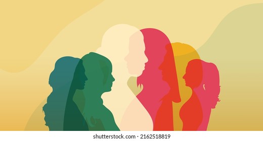 Women social network community. Monochrome side silhouette group multiethnic diversity women and girl who talk. Communication and sharing female friendship and of diverse culture.