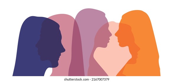 Women social network community. Monochrome side silhouette group multiethnic diversity women and girl who talk. Communication and sharing female friendship and of diverse culture.