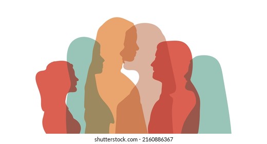 Women social network community and Silhouette group of multiethnic women who talk and share ideas and information. Communication and friendship women or girls of diverse cultures.