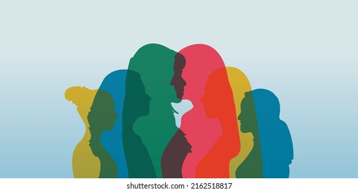 Women social network community and Silhouette group of multiethnic women who talk and share ideas and information. Communication and friendship women or girls of diverse cultures.