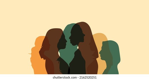 Women Social Network Community And Silhouette Group Of Multiethnic Women Who Talk And Share Ideas And Information. Communication And Friendship Women Or Girls Of Diverse Cultures.