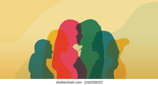 Women social network community and Silhouette group of multiethnic women who talk and share ideas and information. Communication and friendship women or girls of diverse cultures.