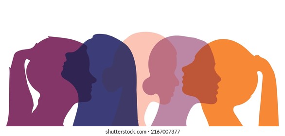 Women social network community and Silhouette group of multiethnic women who talk and share ideas and information. Communication and friendship women or girls of diverse cultures.