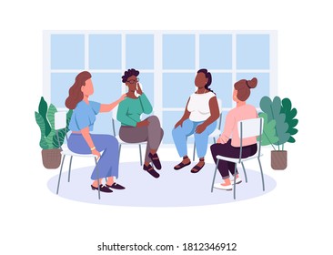 Mujeres de apoyo social grupo de color plano vectorial personajes sin rostro. Reunión de terapia de temas femeninos. Ilustración cartográfica aislada de la atención de la salud mental para diseño gráfico web y animación