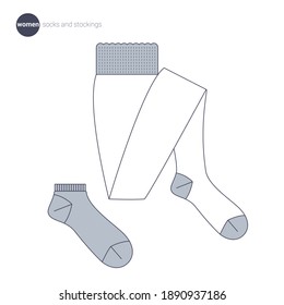 Women socks and stockings. Clothes icons, thin line style. Retail online store catalog sections signs and objects. Vector collection.
