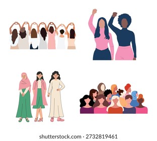 Conjunto de grupo de solidaridad de mujeres. Vector diversos personajes femeninos que se unen para la amistad y el concepto de empoderamiento