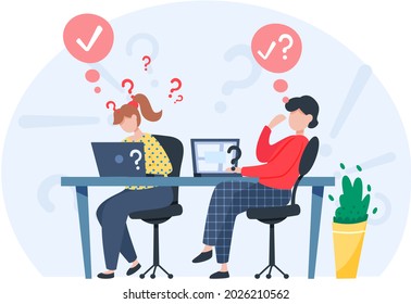 Women solving question. Problem Solution. Career success in teamwork, creative project idea. Puzzled employees failing in solving issues. Useless office worker, question marks, business failure