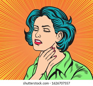 Women with sore throat, fever, difficulty swallowing. Pop art  retro vector illustration comic. Separate images of people from the background.