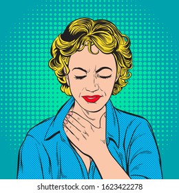 Women with sore throat. retro vector illustration comic. Separate images of people from the background.