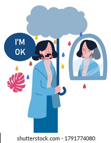 women sorrow expression holding stick look in mirror cloud drops rain water color self support with flat cartoon style vector design