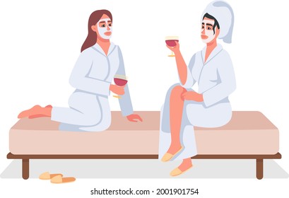 Women at spa semi flat color vector characters. Beauty treatment. Sitting figure. Full body people on white. Home recreation isolated modern cartoon style illustration for graphic design and animation