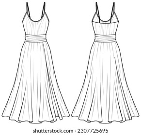 Women spaghetti strap A line dress  design flat sketch fashion illustration with front and back view, sleeveless fit and flared dress vector template