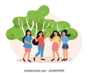  Women speaking  to each other. Friendship and communication concept. Female team on natural background. Girls stand together and talking. Hand drawn illustration