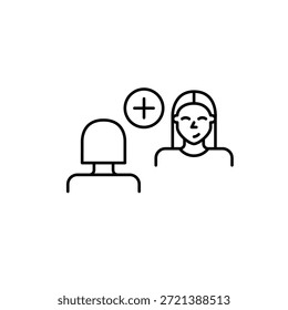 Mujeres hablando en la entrevista o la fecha y más símbolo. Chat, añadir nuevo contacto. Icono de Vector de trazo perfecto y editable