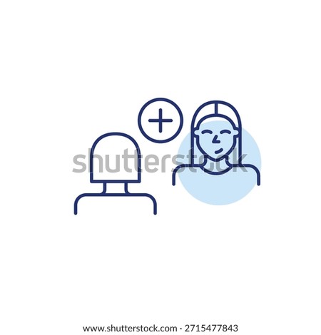 Women speaking at interview or date and plus symbol. Chat add, new contact. Pixel perfect, editable stroke vector icon