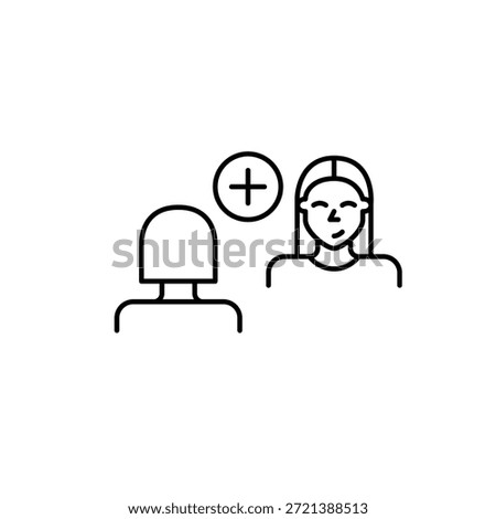 Women speaking at interview or date and plus symbol. Chat add, new contact. Pixel perfect, editable stroke vector icon