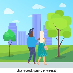 Women speaking outdoor, back view of friends girls wearing casual clothes, females walking between trees and buildings, urban park, leisure vector