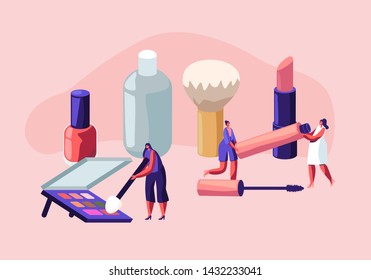 Women Spend Time in Beautician Parlor. Female Characters Testing Skin Care Products in Beauty Salon. Makeup Courses, Make Up School, Cosmetics Masterclass, Face Care. Cartoon Flat Vector Illustration