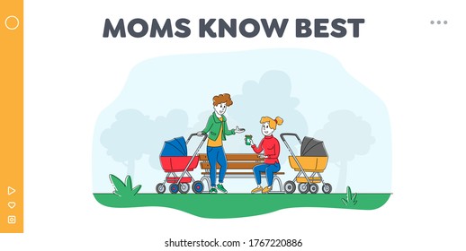 Women Spend Time Sit Outdoors and Chatting Landing Page Template. Girls with Baby Stroller Meeting Friend. Maternity, Parenthood Lifestyle, People Spare Time. Linear Characters Vector Illustration