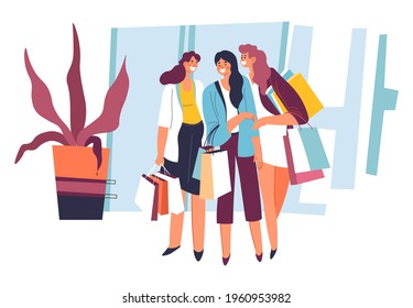 Women spending free time together shopping, female characters buying clothes and shopping in mall. Friends having fun and resting outdoors. Ladies with bags and packages. Vector in flat style