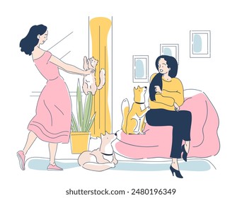 Women spending time with pets concept. Young girls indoors with cats and dogs. Owners of domestic animals. Comfort and coziness. Linear flat vector illustration isolated on white background