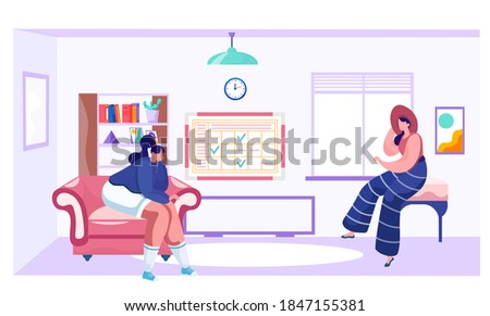 Women are spending time together in their apartment. Young girls are bored sitting on sofas. Female characters communicate and enjoy time with each other. Pastime with friends vector illustration