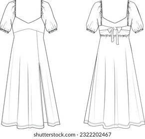 women split front,tie back,shirred puffed sleeves long dress technical drawing vector