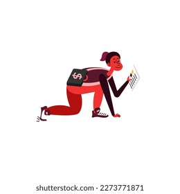 Women in sport dress preparing to run. Person presenting agenda. Spotman speaking loudly. Main object on white background. Vector color cartton illustration.