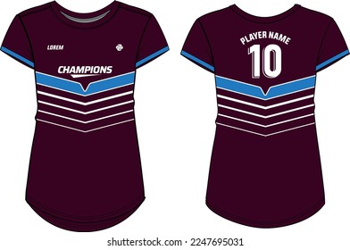 Women Sport Jersey t-shirt design flat sketch Illustration, Abstract pattern Round neck t shirt for girls and Ladies Volleyball jersey, Football, badminton, Soccer and netball, Sport uniform kit