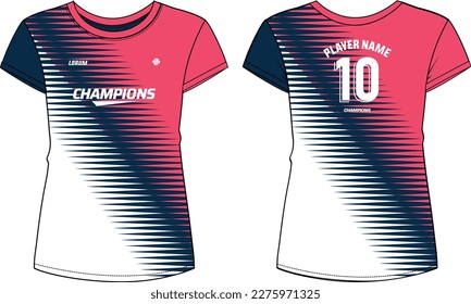 Women Sport Jersey t-shirt design flat sketch Illustration, Abstract pattern Round neck t shirt for girls and Ladies Volleyball jersey, Football, badminton, Soccer and netball, Sport uniform kit