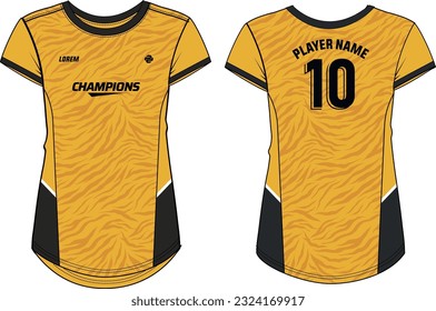 Women Sport Jersey t-shirt design flat sketch Illustration, Tiger pattern Round neck t shirt for girls and Ladies Volleyball jersey, Football, badminton, Soccer and netball, Sport uniform kit